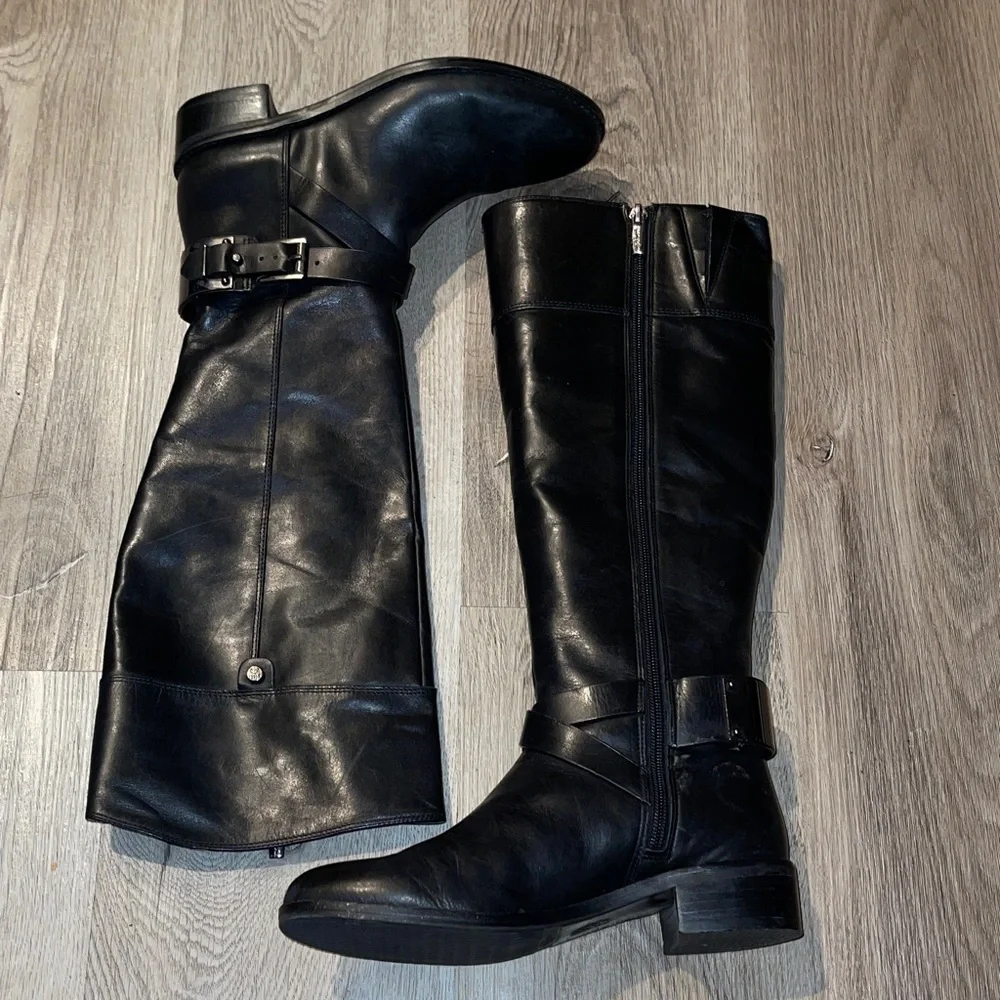 Vince Camuto Pazell Black Leather Riding Boots Buckle Accent Size 6